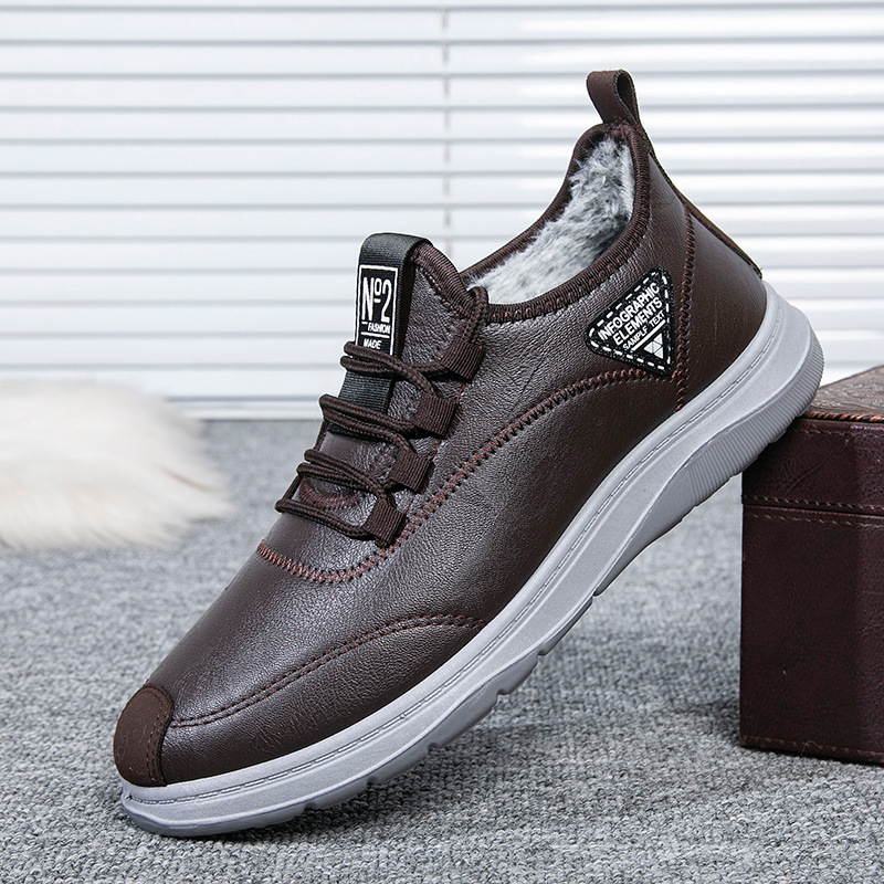 Férfi műbőr cipő PU felülettel, műszőrme béléssel, vízálló és meleg, gumitalp, elöl fűzőzár