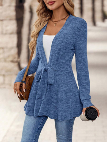 Vidutinio ilgio kardiganas su ilgomis rankovėmis, be kaklo, poliesterio audinys, liemens suspaudimo siluetas, patchwork paneliai