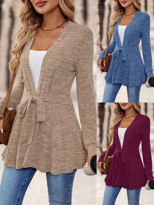 Vidutinio ilgio kardiganas su ilgomis rankovėmis, be kaklo, poliesterio audinys, liemens suspaudimo siluetas, patchwork paneliai