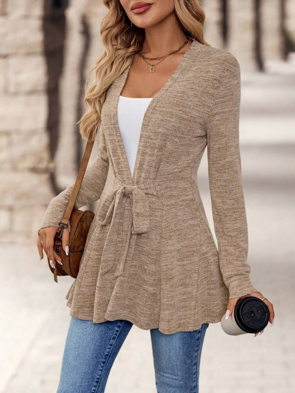 Vidutinio ilgio kardiganas su ilgomis rankovėmis, be kaklo, poliesterio audinys, liemens suspaudimo siluetas, patchwork paneliai