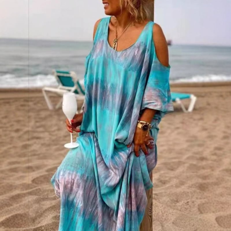 Poliesterska haljina s A‑linijskim krojem, duga suknja, U izrez, raglan rukavi, 3D‑efekt tie-dye uzorak
