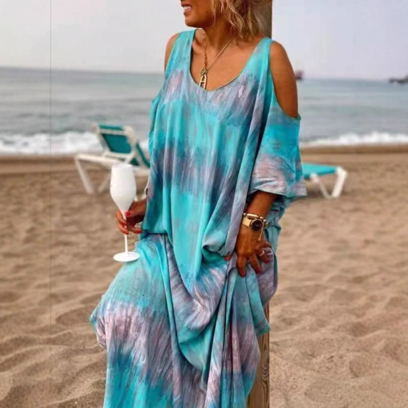 Poliesterska haljina s A‑linijskim krojem, duga suknja, U izrez, raglan rukavi, 3D‑efekt tie-dye uzorak