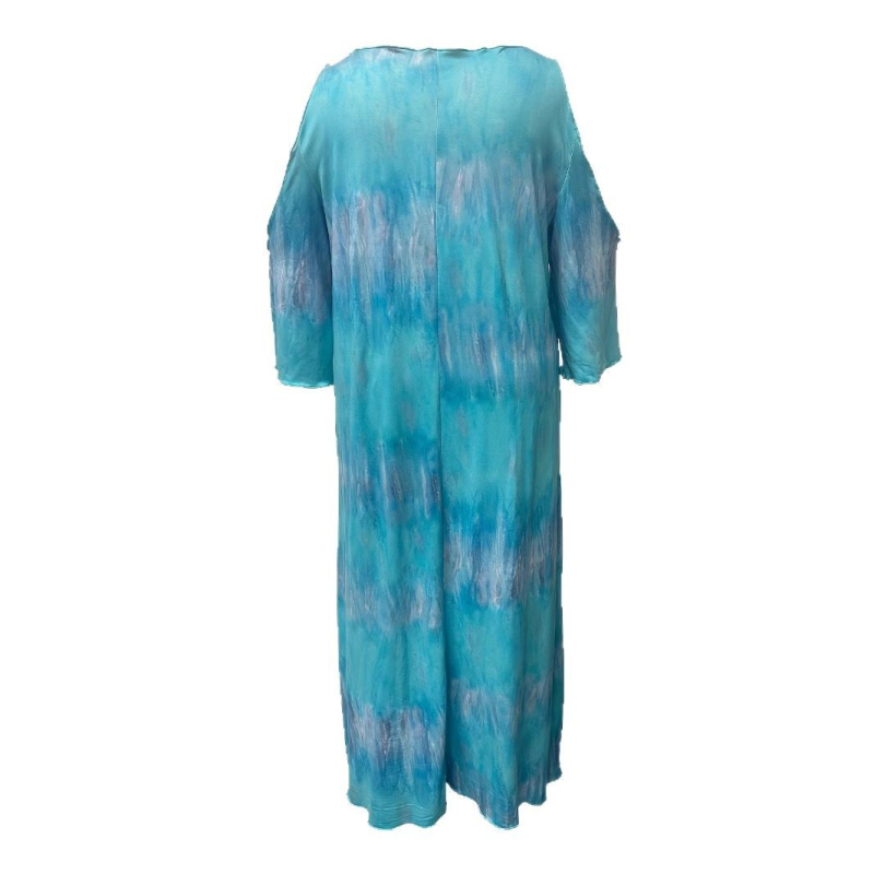 Poliesterska haljina s A‑linijskim krojem, duga suknja, U izrez, raglan rukavi, 3D‑efekt tie-dye uzorak