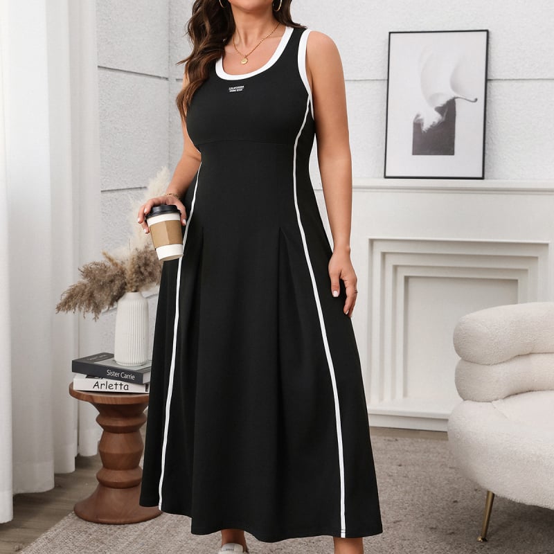 Hosszú ruha absztrakt mintával, poliészter anyag, ujjatlan, kerek nyakú, derekát kiemelő dizájn