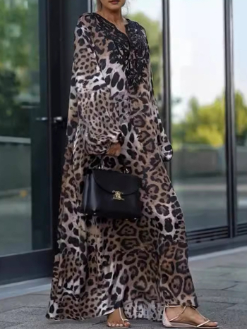 Haljina s leopardim uzorkom, V-dekolte, rukavi fenjera, A-linijski kroj, poliester