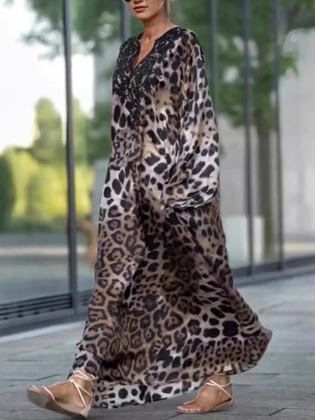 Haljina s leopardim uzorkom, V-dekolte, rukavi fenjera, A-linijski kroj, poliester