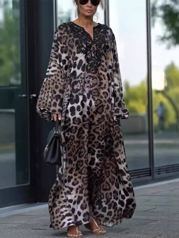 Haljina s leopardim uzorkom, V-dekolte, rukavi fenjera, A-linijski kroj, poliester