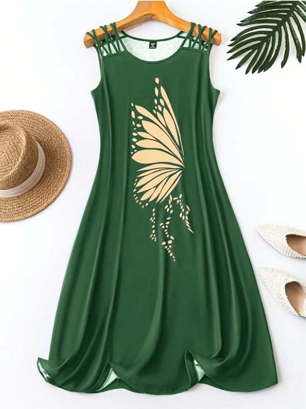 Rochie de damă cu imprimeu animal, imprimare digitală, croială în A, guler rotund, fără mâneci