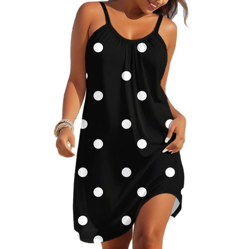 Haljina bez rukava u A-liniji, srednje duljine, Milk Silk tkanina, print, boemski stil s trakama