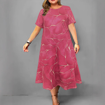 Duga haljina A-linije, okrugli izrez i kratki rukavi, Milk Silk tkanina, 3D otisak