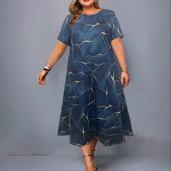 Duga haljina A-linije, okrugli izrez i kratki rukavi, Milk Silk tkanina, 3D otisak