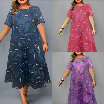 Duga haljina A-linije, okrugli izrez i kratki rukavi, Milk Silk tkanina, 3D otisak