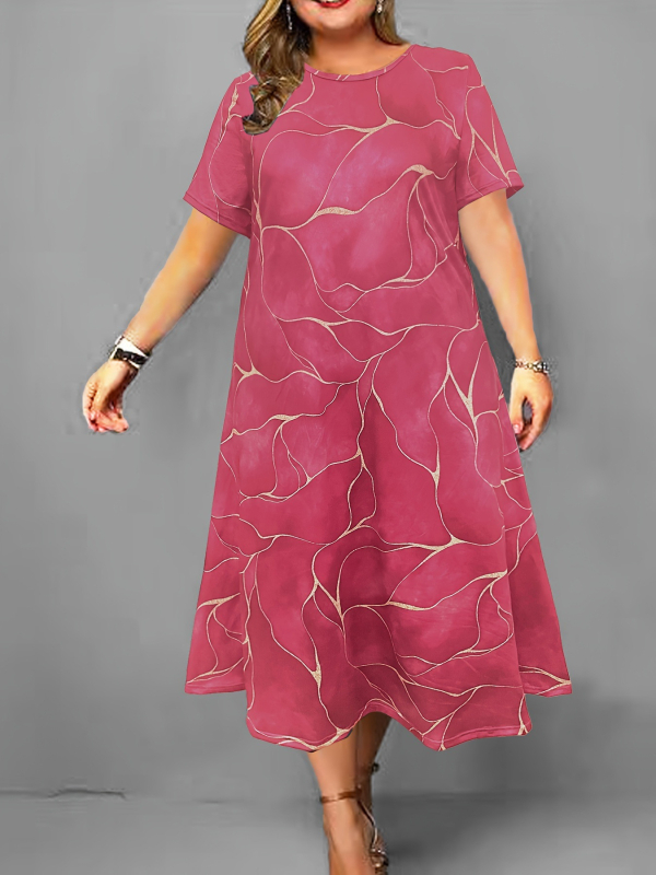 Duga haljina A-linije, okrugli izrez i kratki rukavi, Milk Silk tkanina, 3D otisak
