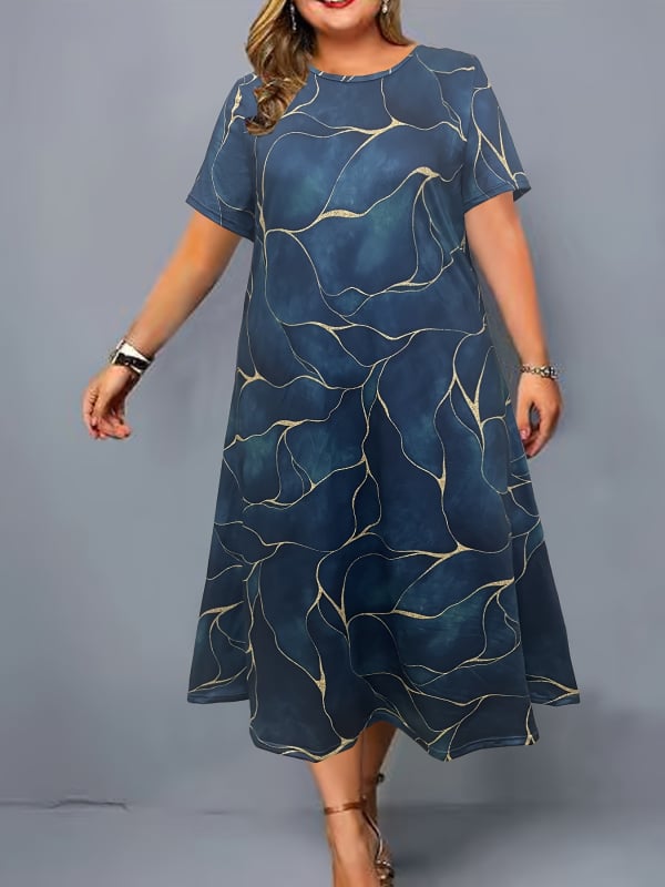 Duga haljina A-linije, okrugli izrez i kratki rukavi, Milk Silk tkanina, 3D otisak