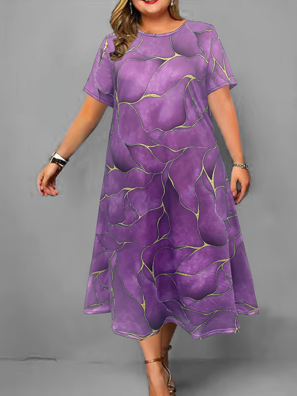 Duga haljina A-linije, okrugli izrez i kratki rukavi, Milk Silk tkanina, 3D otisak