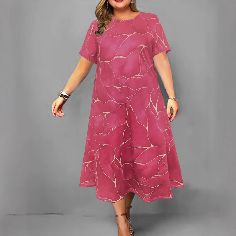 Duga haljina A-linije, okrugli izrez i kratki rukavi, Milk Silk tkanina, 3D otisak