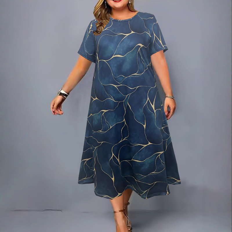 Duga haljina A-linije, okrugli izrez i kratki rukavi, Milk Silk tkanina, 3D otisak