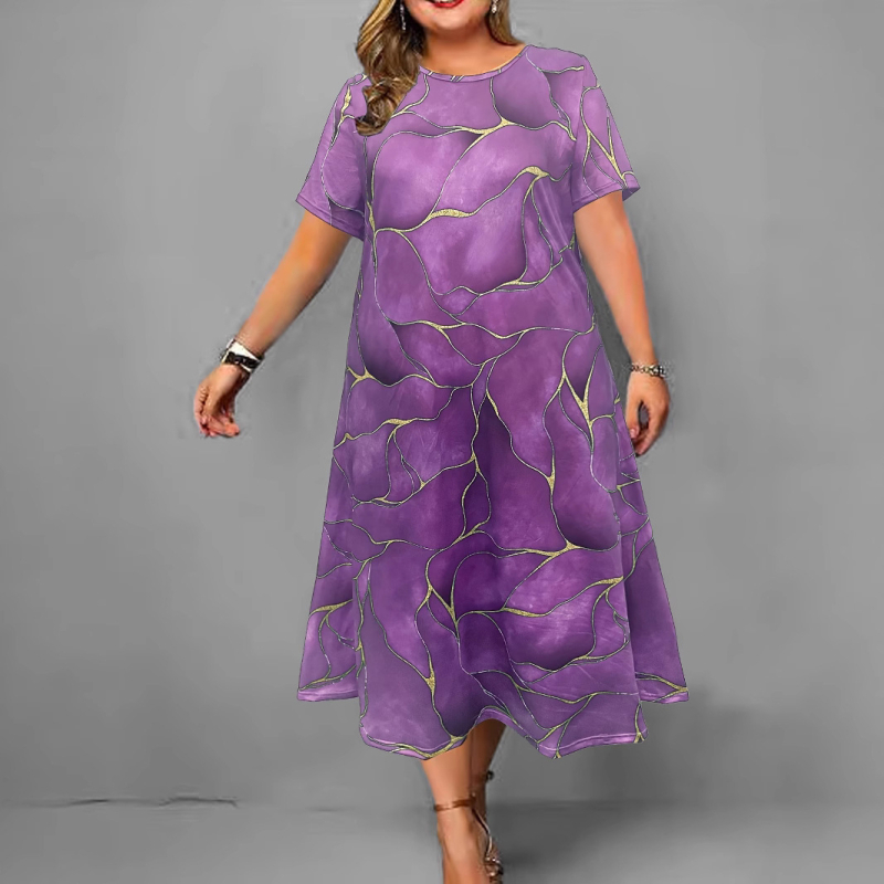 Duga haljina A-linije, okrugli izrez i kratki rukavi, Milk Silk tkanina, 3D otisak