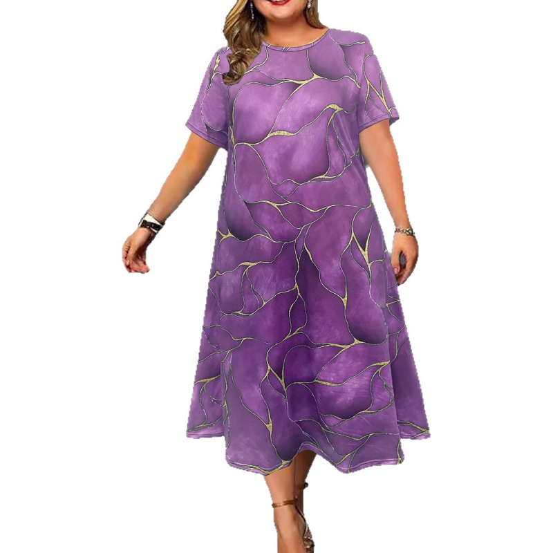 Duga haljina A-linije, okrugli izrez i kratki rukavi, Milk Silk tkanina, 3D otisak