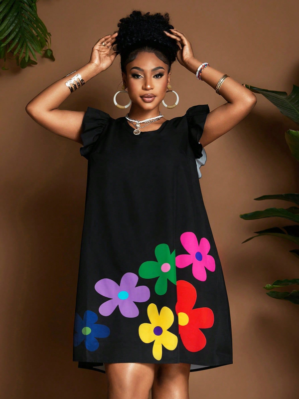 Spausdinta poliesterinė suknelė su A linija, midi ilgio, apvalaus kaklo ir trumpomis rankovėmis