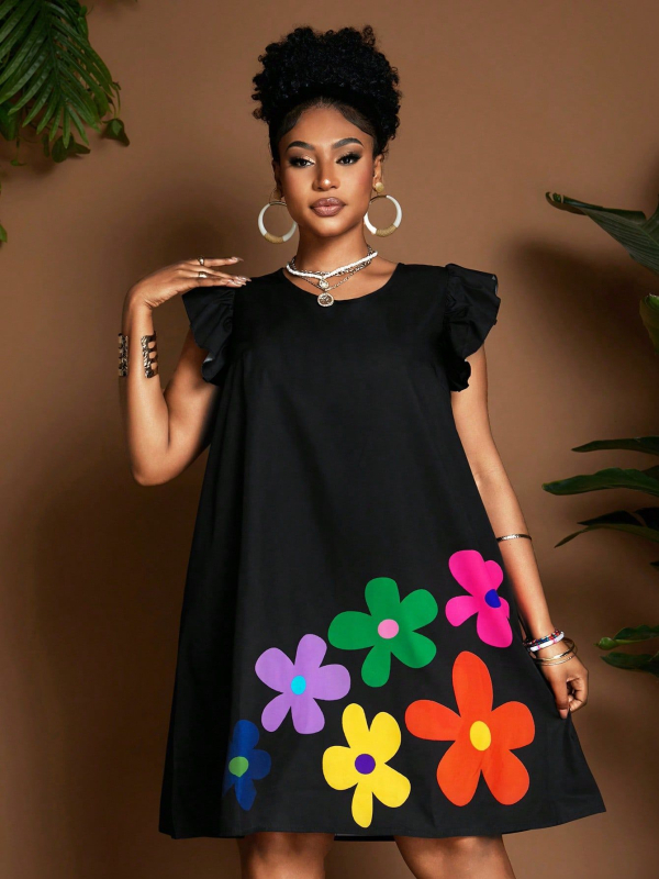 Spausdinta poliesterinė suknelė su A linija, midi ilgio, apvalaus kaklo ir trumpomis rankovėmis