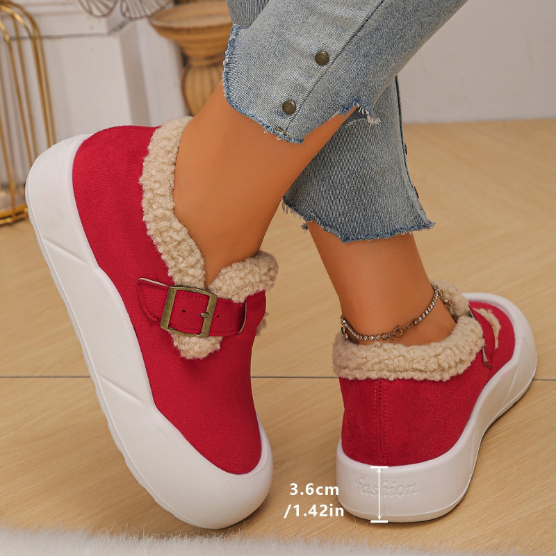 Ženske zimske cipele od brušenog velura s umjetnim krznom, niski profil, okrugli vrh, slip-on, gumeni potplat, srednja visina pete 3-5 cm