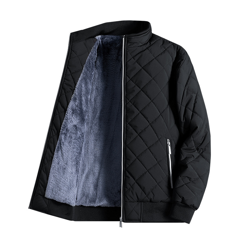 Férfi pamut-párnázott kabát álló gallérral, gyémánt mintás, cipzár, karcsú szabás, téli meleg