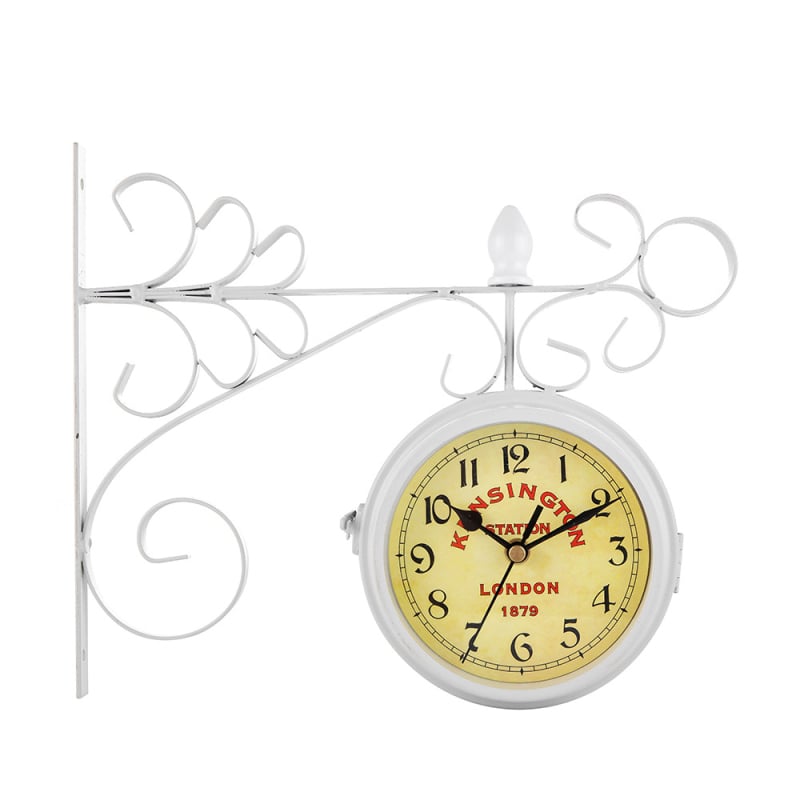 Antikinio stiliaus dvipusis metalinis sieninis laikrodis su apvaliu skaitikliu, baterijomis varomas, lygus judėjimas, kvarcinis stiklo veidrodis