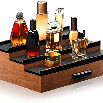 Настолна дървена козметична кутия за съхранение с чекмедже и скрит слой, стойка за парфюми (Дървена; Чекмедже; Скрит слой; Стойка за парфюми; Възможност за печат на лого)