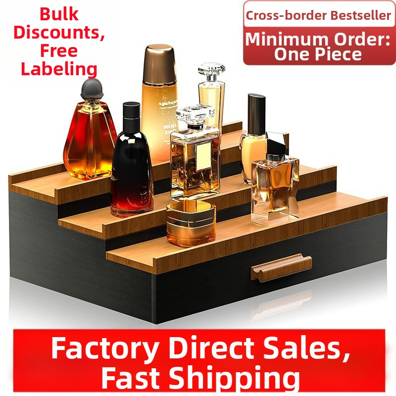 Koka galda kosmētikas uzglabāšanas kaste ar atvilktu un slēgtu slāni, parfūmu displeja statīvs (Koka; Atvilktne; Slēgts slānis; Parfūmu displeja statīvs; Logotipa druka pieejama)