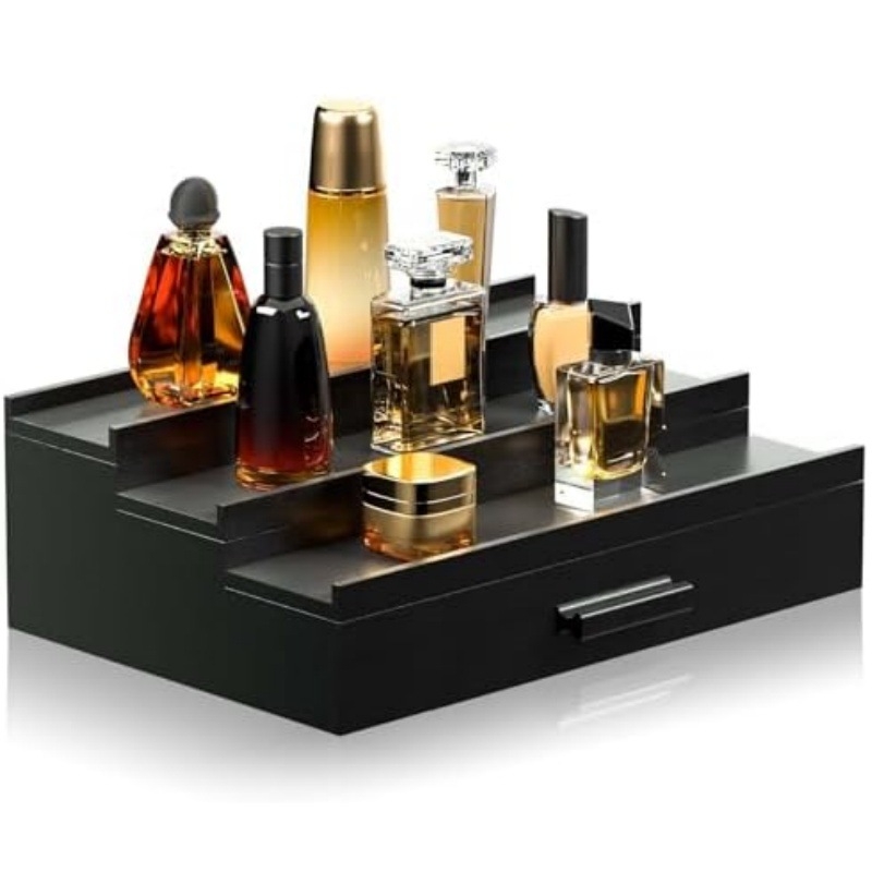 Настолна дървена козметична кутия за съхранение с чекмедже и скрит слой, стойка за парфюми (Дървена; Чекмедже; Скрит слой; Стойка за парфюми; Възможност за печат на лого)