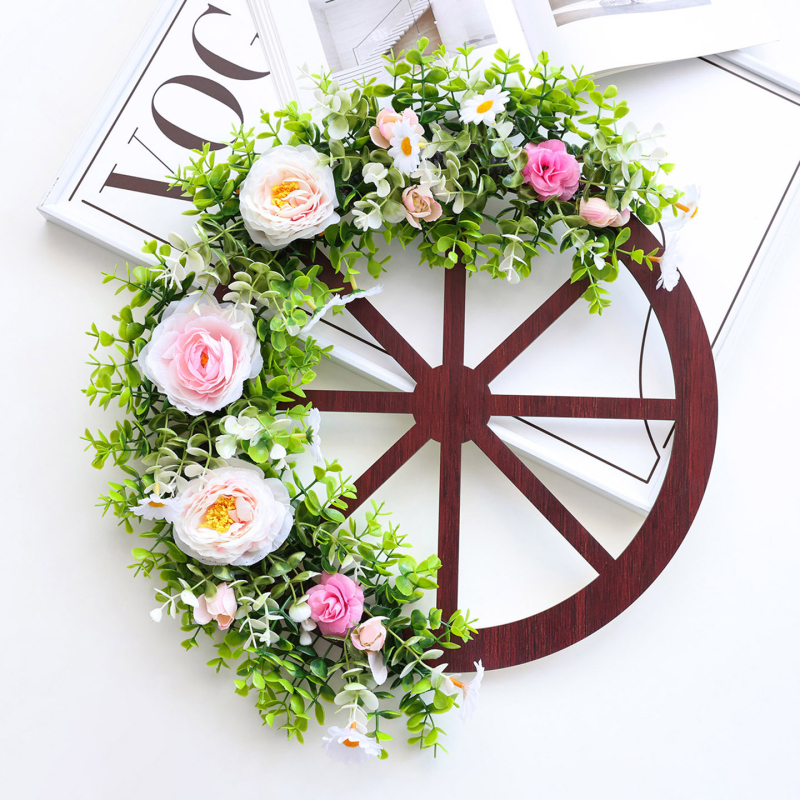 Bolin plastikinė girlianda su peonijomis ir eukalipto lapais, pusiau rankinis ir pusiau mechaninis gaminimas, Kalėdinis durų dekoras