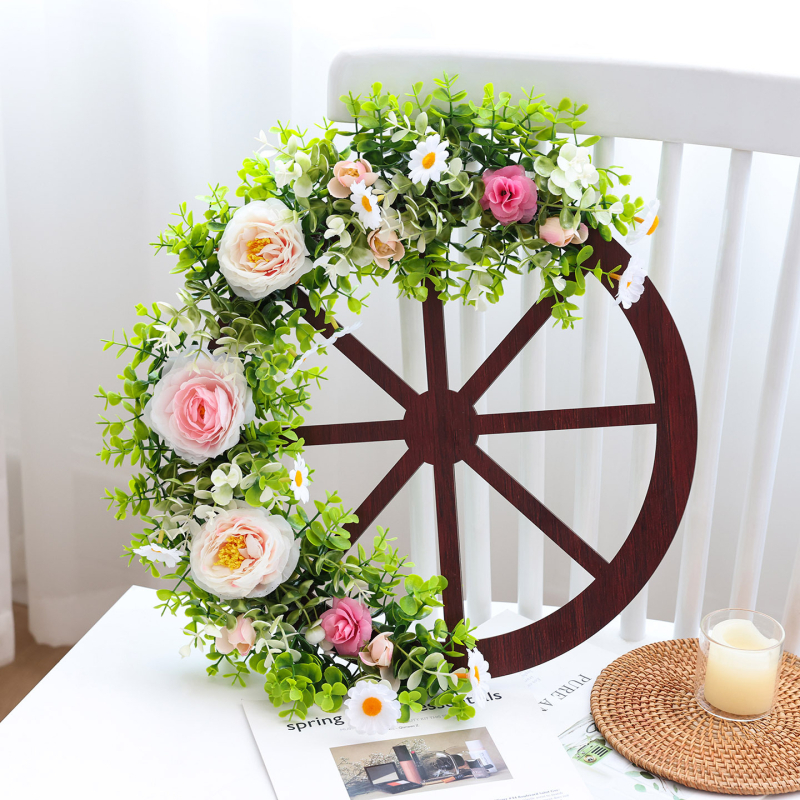 Bolin plastikinė girlianda su peonijomis ir eukalipto lapais, pusiau rankinis ir pusiau mechaninis gaminimas, Kalėdinis durų dekoras