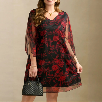 Bohém virágmintás poliészter ruha V-nyakú, A-vonalú midi, 3/4 ujjú, nyár 2025