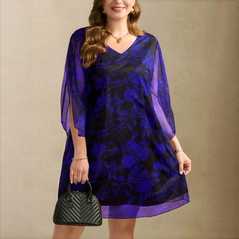 Bohém virágmintás poliészter ruha V-nyakú, A-vonalú midi, 3/4 ujjú, nyár 2025