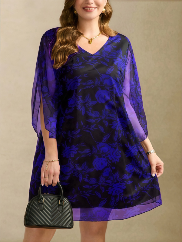 Bohém virágmintás poliészter ruha V-nyakú, A-vonalú midi, 3/4 ujjú, nyár 2025