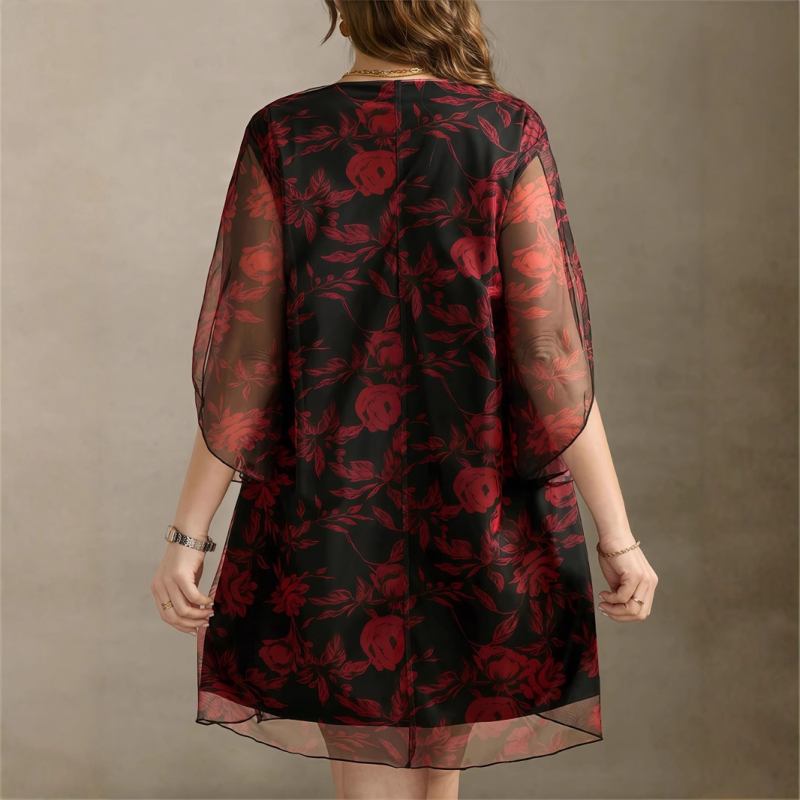 Bohém virágmintás poliészter ruha V-nyakú, A-vonalú midi, 3/4 ujjú, nyár 2025