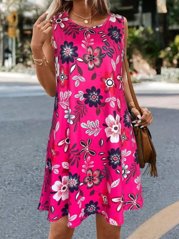 Női ujjatlan ruha kerek nyakkal, A-vonalú, virágos mintával, tavasz–nyár 2025, középméretű hosszú ruha, anyag: regenerált cellulózrost és spandex