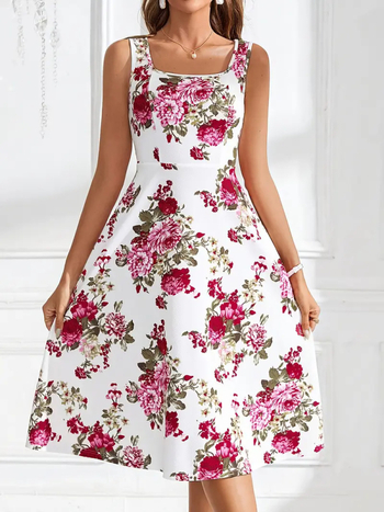 Női ujjatlan A-vonalú ruha, középméret, négyzetes nyakvonal, poliészter-elasztán keverék