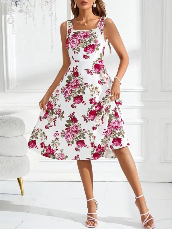 Női ujjatlan A-vonalú ruha, középméret, négyzetes nyakvonal, poliészter-elasztán keverék