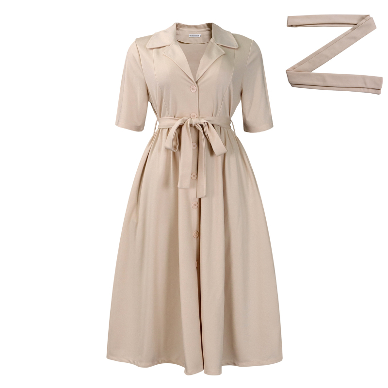 Suknelė su kostiuminiu apykakle, trumpomis rankovėmis, aukštu juosmeniu ir plačiu A-siluetės sijonu; poliesteris su elastanu; viengubis dizainas; vasara 2024