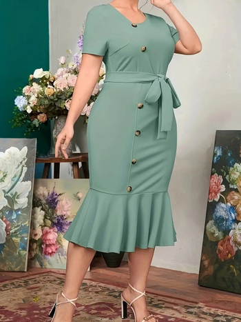 Rochie din poliester, siluetă sirenă, decolteu în V, mâneci 3/4, lungime medie