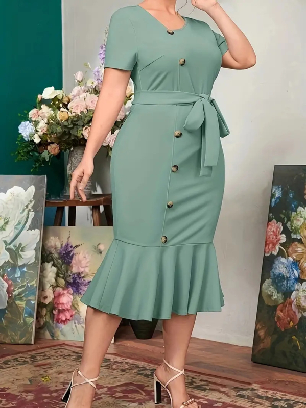 Rochie din poliester, siluetă sirenă, decolteu în V, mâneci 3/4, lungime medie