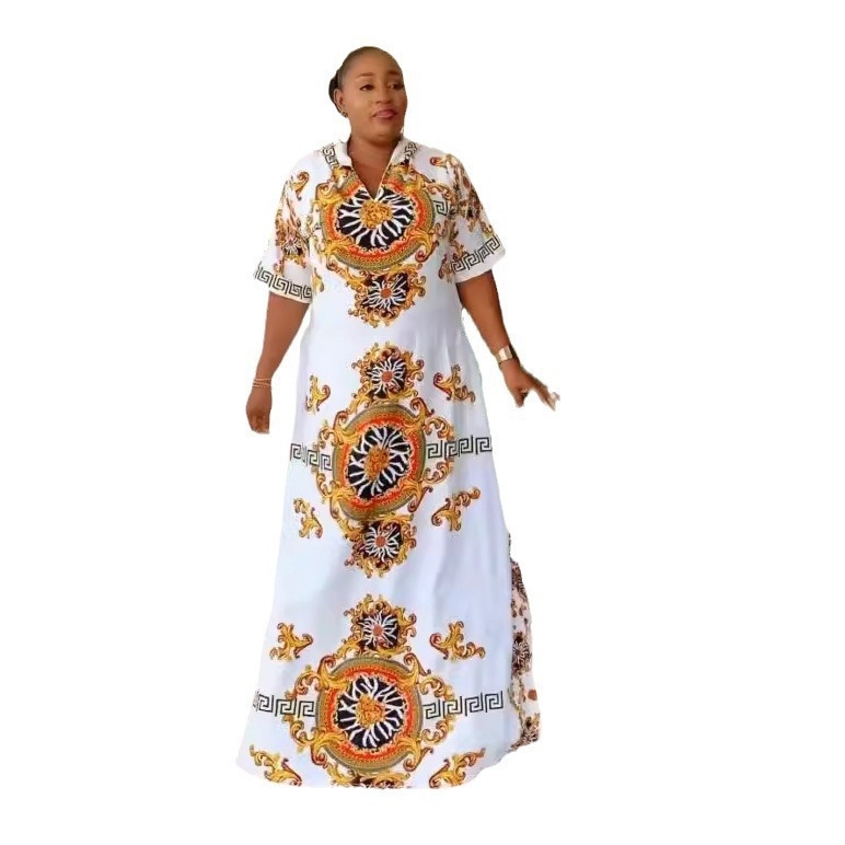 Suknelė iš milk silk audinio, spauda, V kaklo iškirptė, trumpomis rankovėmis, ilga suknelė, princesės siluetas