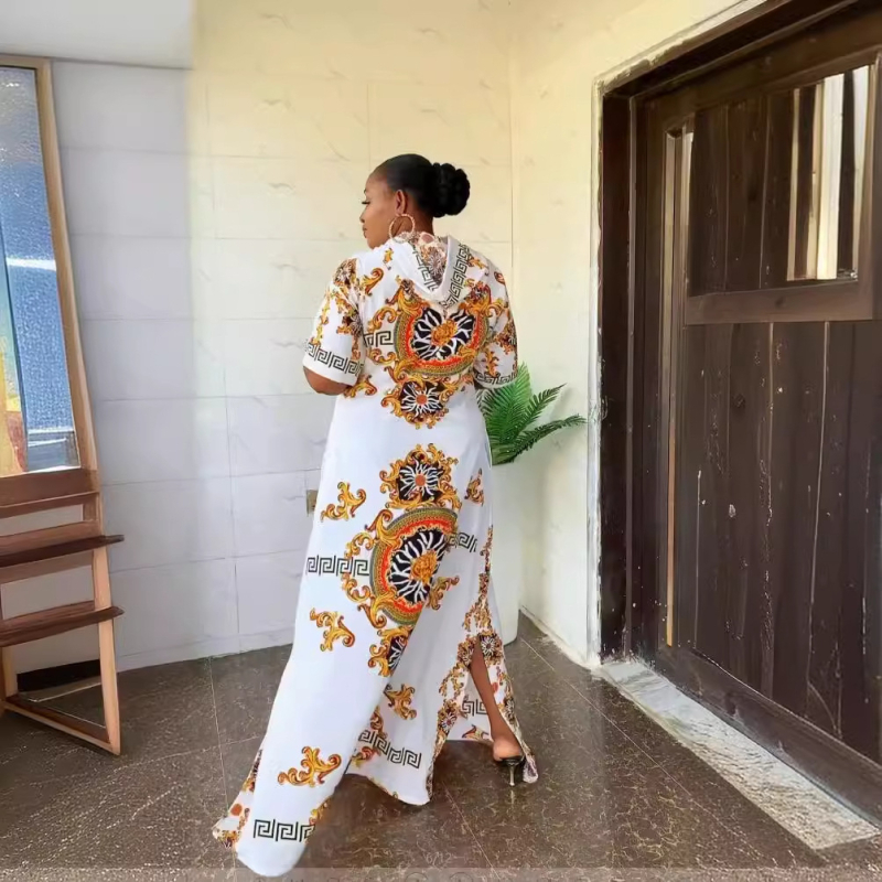 Suknelė iš milk silk audinio, spauda, V kaklo iškirptė, trumpomis rankovėmis, ilga suknelė, princesės siluetas