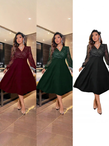 Haljina od poliestera s V izrezom, mrežasti panel, visoki struk, srednja duljina