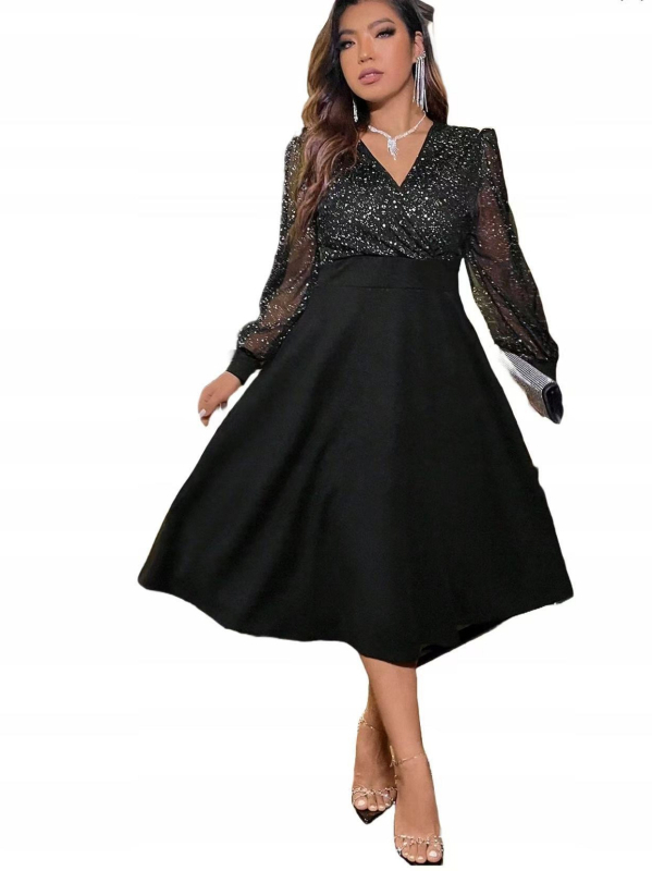 Haljina od poliestera s V izrezom, mrežasti panel, visoki struk, srednja duljina