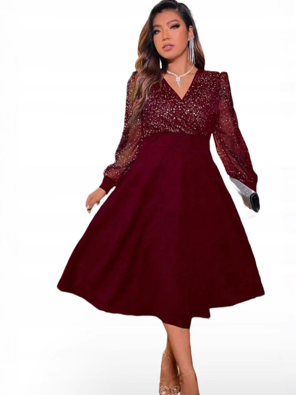 Haljina od poliestera s V izrezom, mrežasti panel, visoki struk, srednja duljina