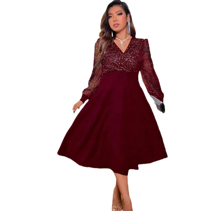 Haljina od poliestera s V izrezom, mrežasti panel, visoki struk, srednja duljina