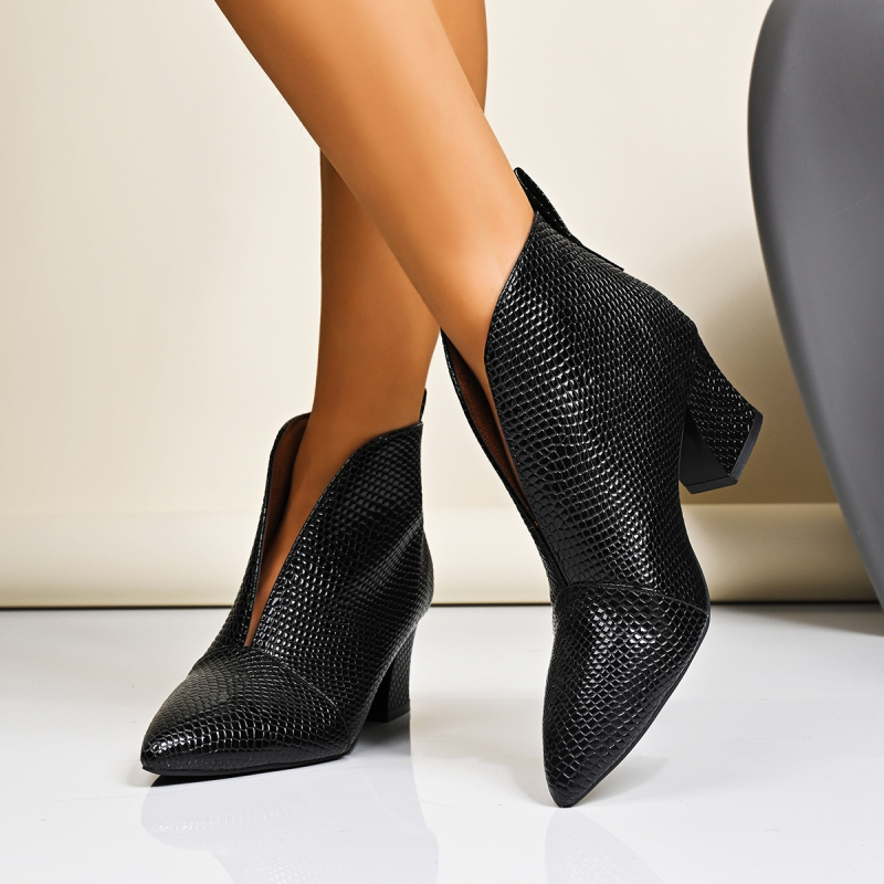 Дамски къси ботуши до глезена, остър нос, PU лакова кожа, квадратен ток 6–8 см, pull-on